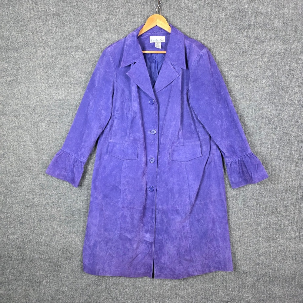 Vintage Denim 24/7 Purple Suede Leather Trench Coat Plus Size 18 Ruffle Retro - Picture 1 of 7